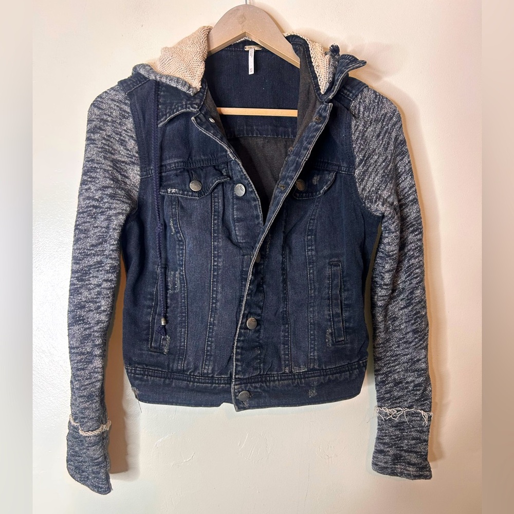 FREE PEOPLE Distressed Denim and Knit Hooded Cropped Jacket